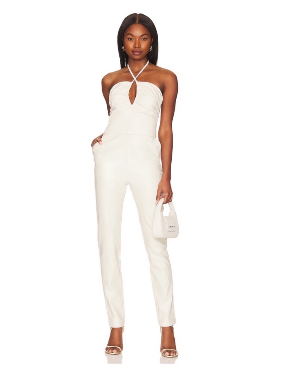 New! Nonchalant Label Juno Vegan Faux Leather Halter Jumpsuit in Cream Ivory